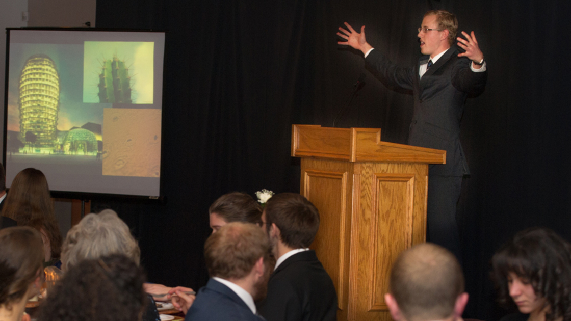 Herbert W. Armstrong College student Sam Livingston speaks at the 2014 Speech Banquet. (Photo: Matt Friesen)