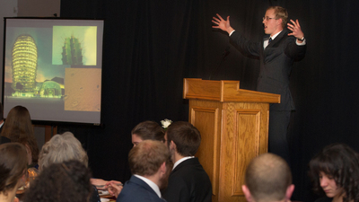 Herbert W. Armstrong College student Sam Livingston speaks at the 2014 Speech Banquet. (Photo: Matt Friesen)