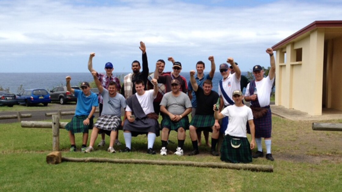 (From left) PCG highland games participants George Haddad, Sandy Richardson, Ross Macdonald, Trevor King, Matthew Klusenberg, Jeremy Kilpatrick, Colin Hercus, Tony Haddad, Steve Mills, Dale Abblitt, first-place winner Andy Klusenberg, Roy Romanos, Davin Moore and Ben Klusenberg (Photo: Elizabeth Macdonald)