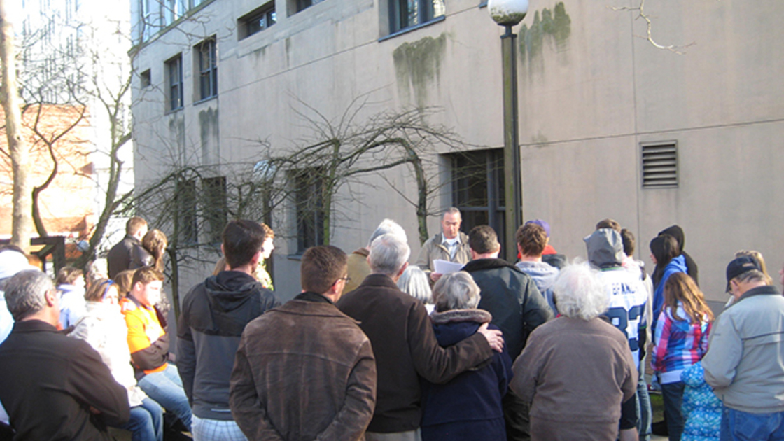 Philadelphia Church of God members visit the location of Tacoma, Washington’s KVI radio studio.