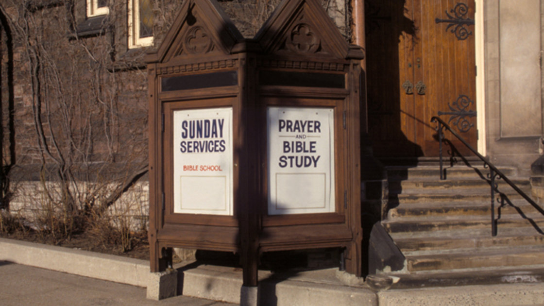 Photo of a church's advertisement of Sunday worship, but is Sunday God's day or is it Saturday?