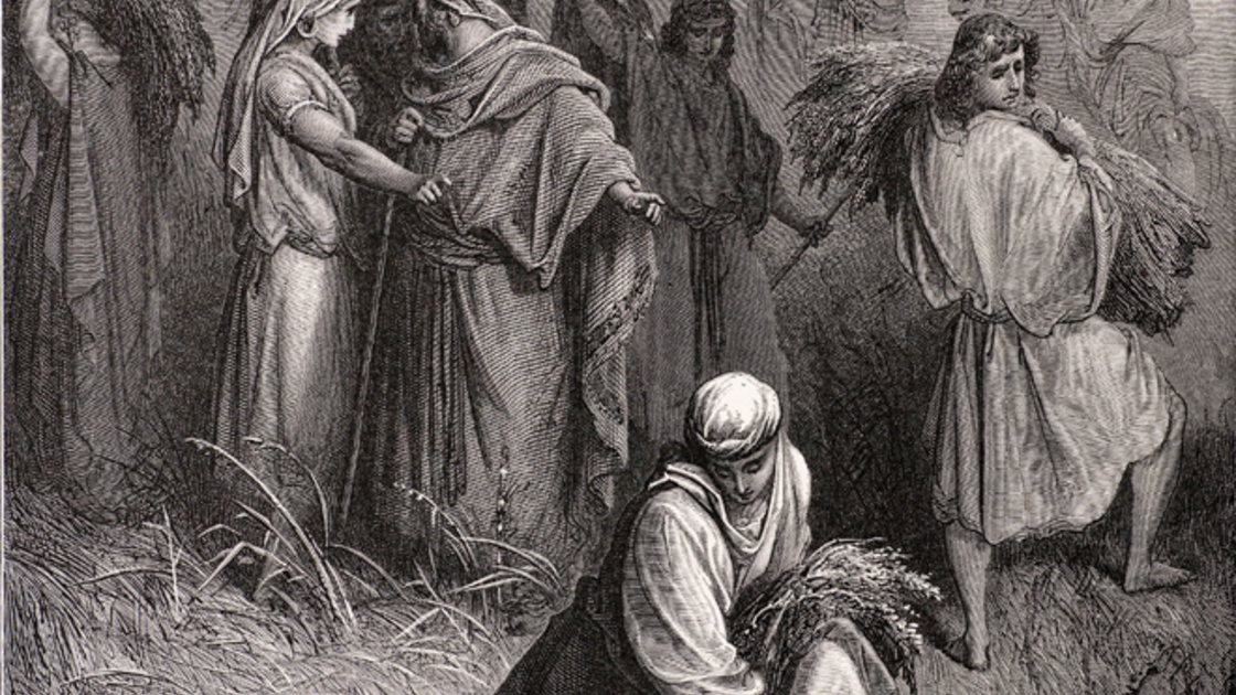 Boaz and Ruth, a scene from the bible. Engraving from 1870. Engraving by Gustave Dore, Photo by D Walker.