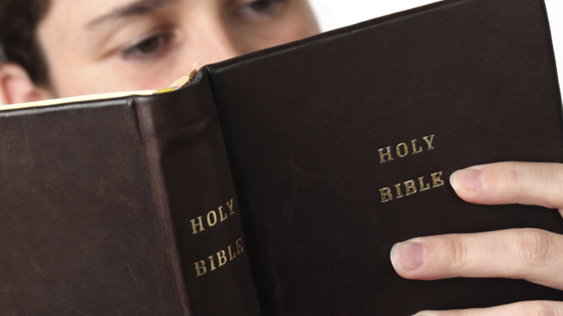 Young woman reading the Bible. Focus on the Bible.