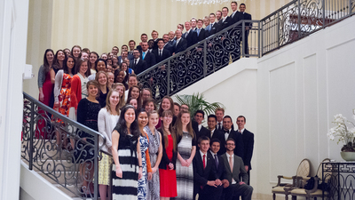 The student body of Herbert W. Armstrong College gather after an etiquette night shared with other members of the Philadelphia Church of God.