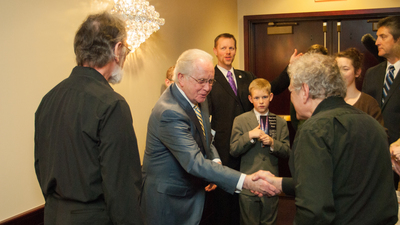 Mr. Gerald Flurry greets performers backstage in Armstrong Auditorium