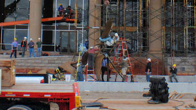The installation of the Swans in Flight sculpture. 