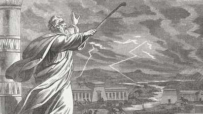 16x9(Know the man, Moses)
When Moses extended his staff toward the sky, the Lord sent thunder and hail, and fire fell to the earth; so the Lord caused hail to rain down on the land of Egypt. Hail fell and fire mingled with the hail; the hail was so severe that there had not been any like it in all the land of Egypt since it had become a nation. The hail struck everything in the open fields, both people and animals, throughout all the land of Egypt. The hail struck everything that grows in the field, and it broke all the trees of the field to pieces.(Exodus, Chapter , 23-25). Woodcut after a drawing by Julius Schnorr von Carolsfeld (German painter, 1794 - 1872) from the "Große Haus-Bilder-Bibel (Large House Pictures Bible)" by Dr. Martin Luther. Published by J. Ebner, Ulm (1877)