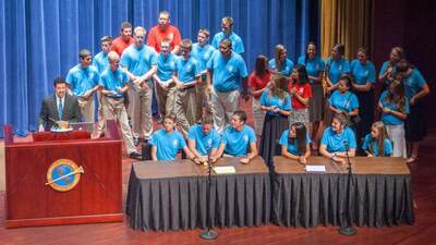 Campers assembled on the stage of Armstrong Auditorium for the annual Bible Bowl