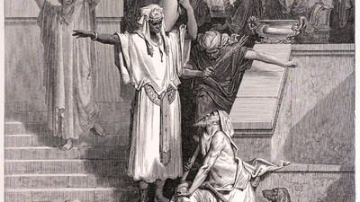 16x9(Lazarus)
Lazarus at the rich man's house. Engraving from 1870. Engraving by Gustave Dore, Photo by D Walker.