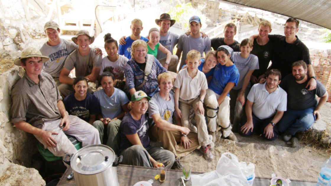 Herbert W. Armstrong College volunteers pose with Dr. Eilat Mazar and two other members of her team during the 2012 Ophel excavations.