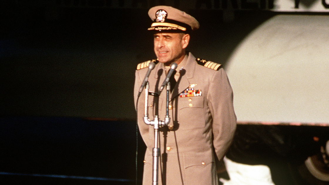 16x9(Jeremiah Denton)
Former POW and U.S. Navy CPT Jeremiah Andrew Denton (Captured 18 Jul 65) stands at the microphones and talks to the crowd of well wishers and press upon his arrival on the C-141 Starlifter from Clark Air Base, Philippines.  CPT Denton was in the first group of POWs released by the North Vietnamese government in Hanoi.