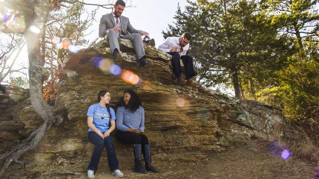 AC016.jpg Students of Herbert W. Armstrong College laugh and enjoy the beautiful scenery at Robber's Cave during a school break/campout.