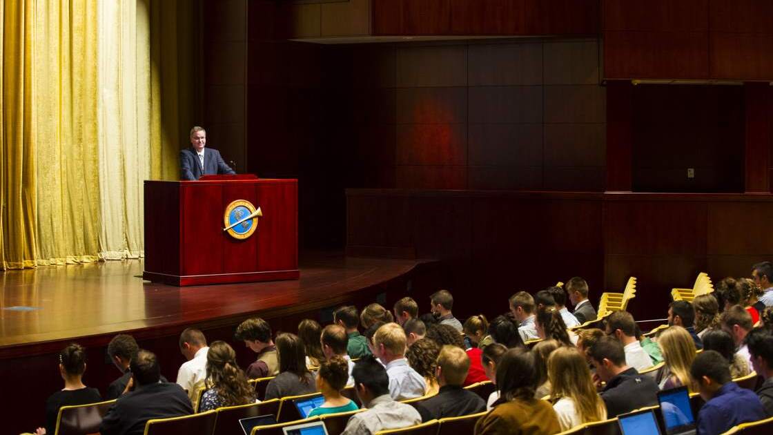 AC004.jpg Students of Herbert W. Armstrong College sit in a lecture given inside the theater of Armstrong Auditorium.