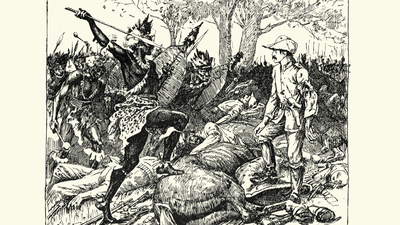 Vintage engraving of scene from the Shangani Patrol and Major Wilson's Last Stand. The Shangani Patrol (or Wilson's Patrol), comprising 34 soldiers in the service of the British South Africa Company, was ambushed and annihilated by more than 3,000 Matabele warriors during the First Matabele War in 1893. One of them lifted his assegai.