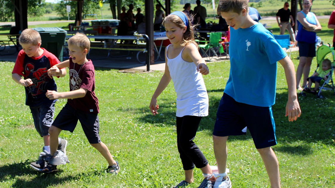 Winston Oakleaf and Nathaniel Morley take on Zandria Oakleaf and Dillon Davis at the three legged race.