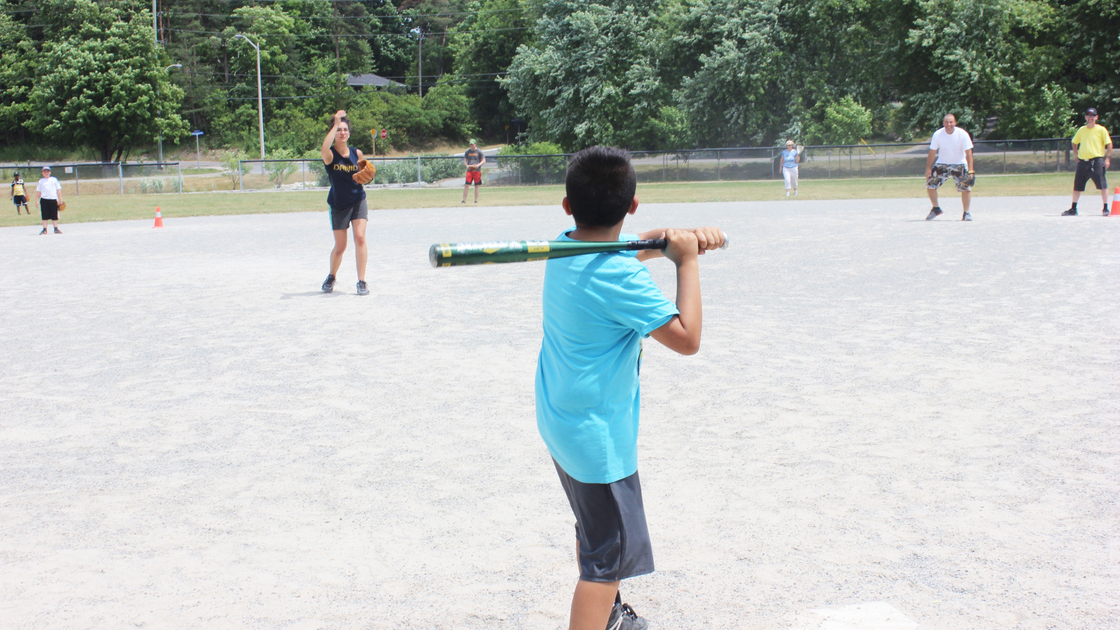 Tiesto Vidal stands at bat ready to take a crack at Gabrielle Schlote’s pitch. 