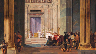 The Queen of Sheba before the temple of Solomon in Jerusalem 