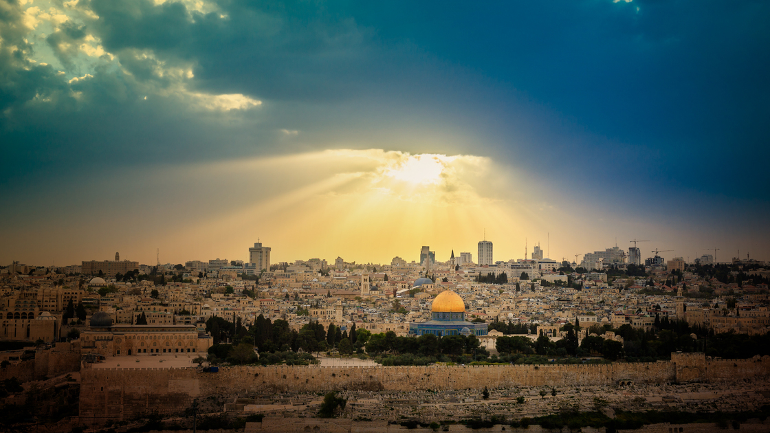 Dramatic sky over Jerusalem, view from the Olive Mountain, taken shortly before a thunderstorm