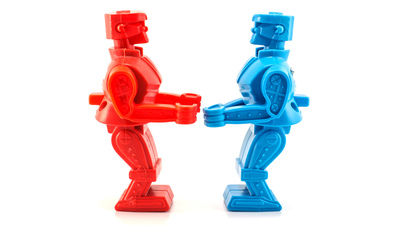 Bangkok,THAILAND - March 30, 2014: Fight robot red and blue. There are plastic toy sold as part of the McDonald's Happy meals.