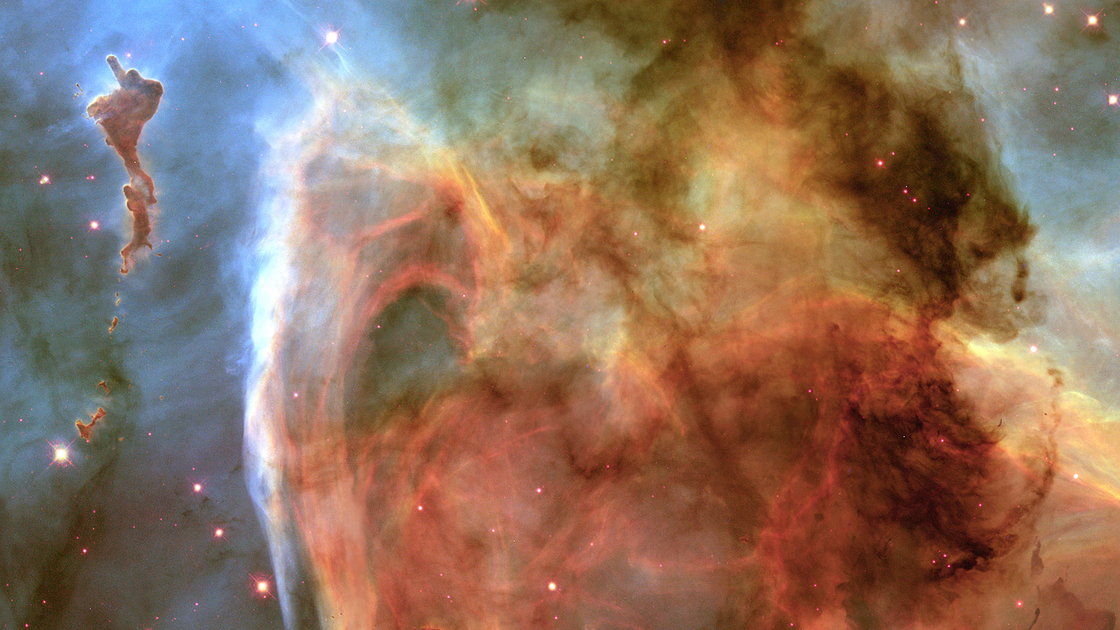 Previously unseen details of a mysterious, complex structure within the Carina Nebula (NGC 3372) are revealed by this image of the "Keyhole Nebula," obtained with NASA's Hubble Space Telescope. The picture is a montage assembled from four different April 1999 telescope pointings with Hubble's Wide Field Planetary Camera 2, which used six different color filters. The picture is dominated by a large, approximately circular feature, which is part of the Keyhole Nebula, named in the 19th century by Sir John Herschel. This region, about 8000 light-years from Earth, is located adjacent to the famous explosive variable star Eta Carinae, which lies just outside the field of view toward the upper right. The high resolution of the Hubble images reveals the relative three- dimensional locations of many of these features, as well as showing numerous small dark globules that may be in the process of collapsing to form new stars. Two striking large, sharp-edged dust clouds are located near the bottom center and upper left edges of the image. The former is immersed within the ring and the latter is just outside the ring. The pronounced pillars and knobs of the upper left cloud appear to point toward a luminous, massive star located just outside the field further toward the upper left, which may be responsible for illuminating and sculpting them by means of its high-energy radiation and stellar wind of high-velocity ejected material. These large dark clouds may eventually evaporate, or if there are sufficiently dense condensations within them, give birth to small star clusters. The Carina Nebula, with an overall diameter of more than 200 light- years, is one of the outstanding features of the Southern Hemisphere portion of the Milky Way. The diameter of the Keyhole ring structure shown here is about 7 light-years. These data were collected by the Hubble Heritage Team and Nolan R. Walborn (STScI), Rodolfo H. Barba' (La Plata Observatory, Argentina), and Adeline Caulet (France