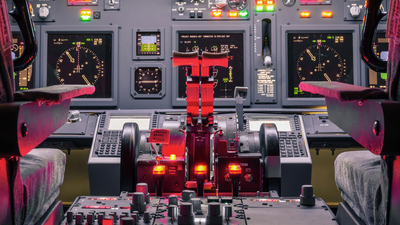 Cockpit of an homemade Flight Simulator - Concept of aerospace industry development - Flying simulation school for aviation learning pilots