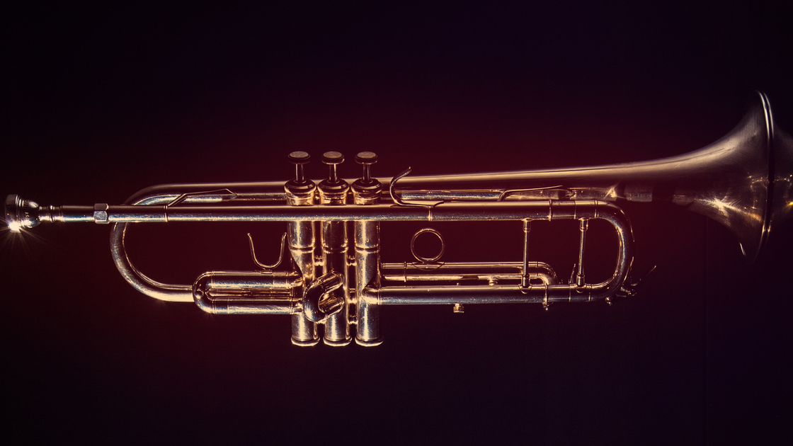 lonely musical instrument which is a trumpet on a black background