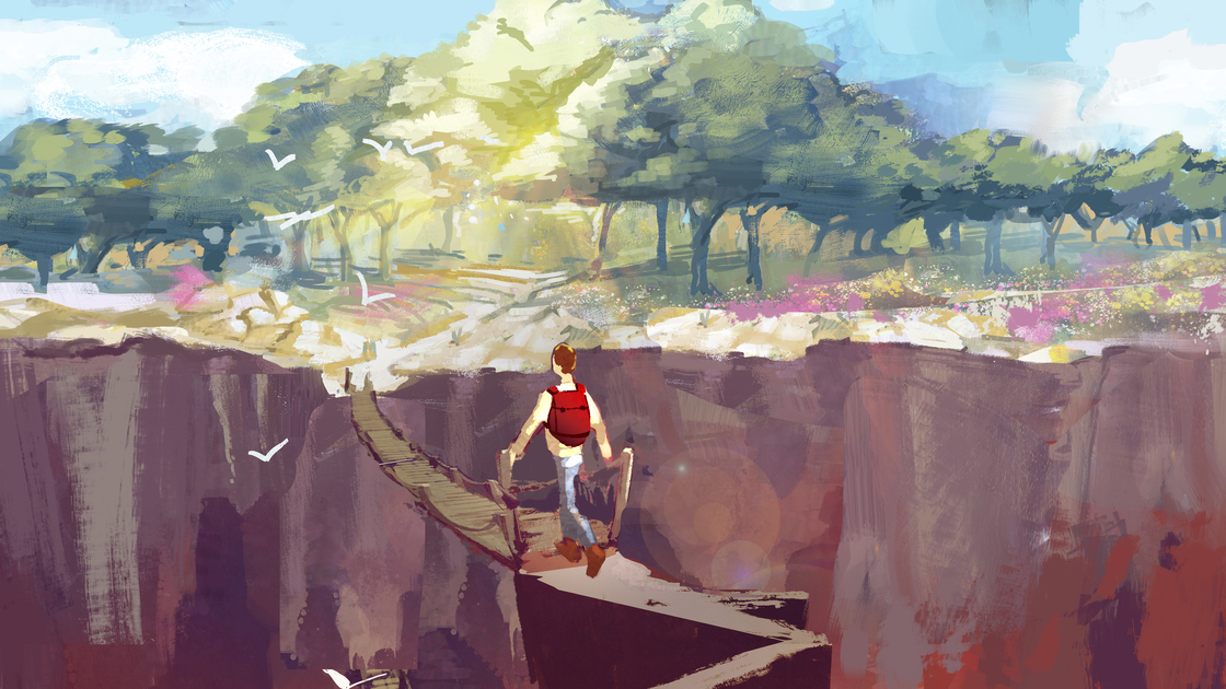 man standing on rock path looking at the buried city,illustration painting