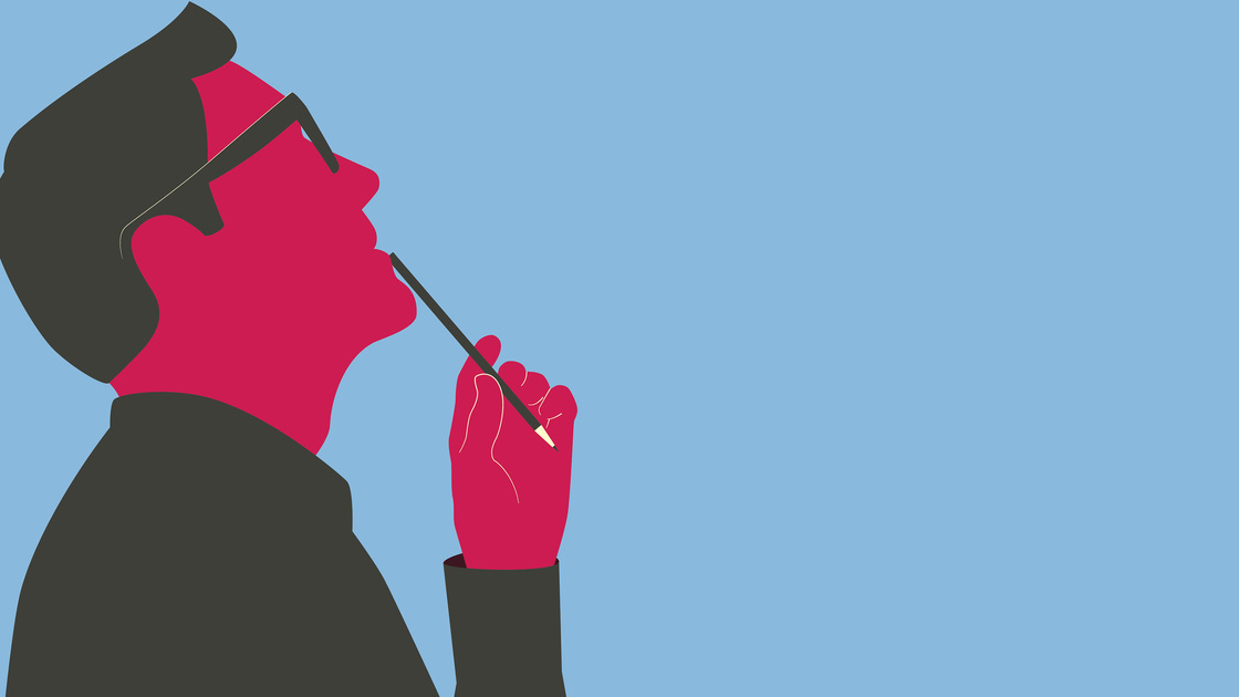Man holding a pencil, looking up and thinking. Stylized silhouette isolated on blue background.