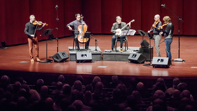 Banjoist Béla Fleck, center, with the Brooklyn Rider quartet at Armstrong Auditorium