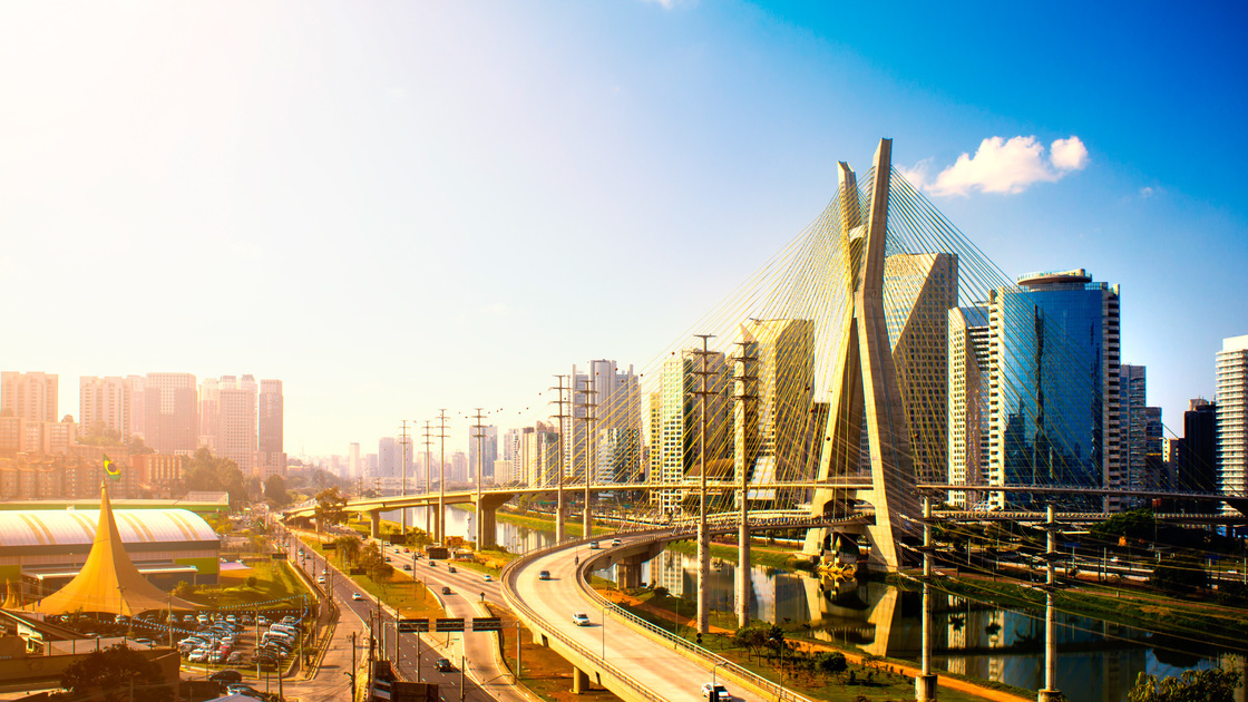 Photo of the famous cable-stayed bridge located at Sao Paulo city. The name of this bridge is "Octavio Frias de Oliveira ". This is a famous image of the most important  city of Brazil. The bridge is over Pinheiros River and Marginal Pinheiros.