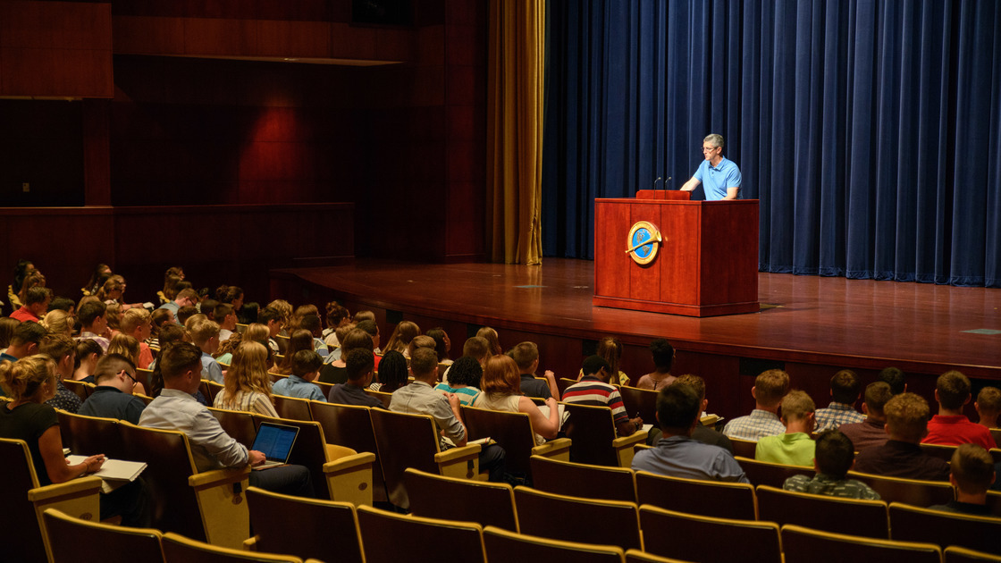 Camp Director Wayne Turgeon delivers the PYC orientation lecture.