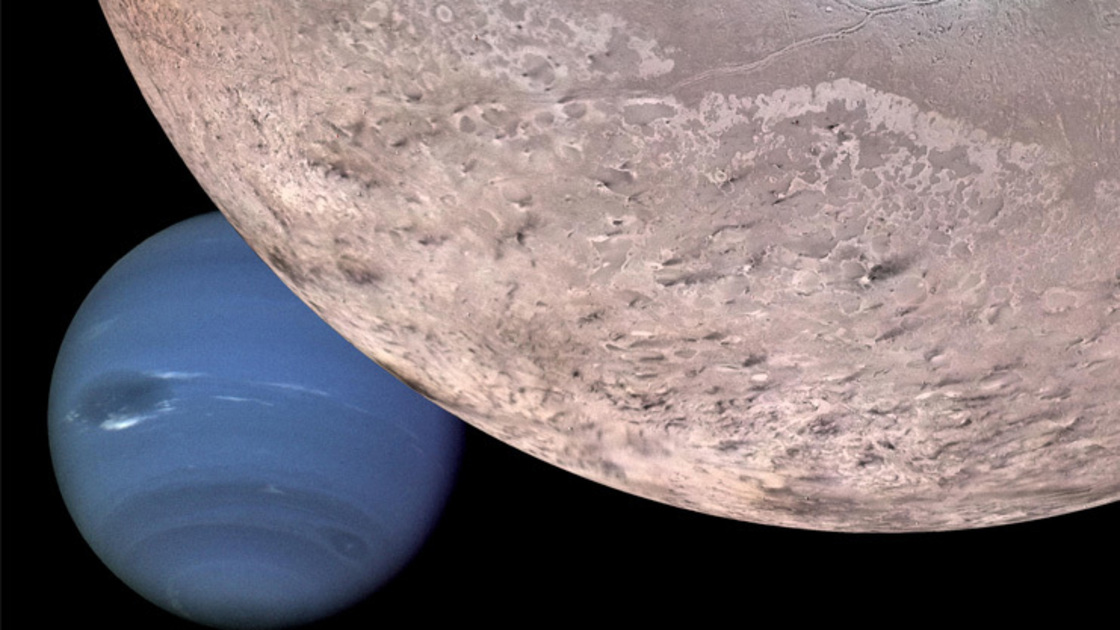 This computer generated montage shows Neptune as it would appear from a spacecraft approaching Triton, Neptune's largest moon at 2706 km (1683 mi) in diameter. 