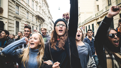 Milan, Italy - October 4, 2013: Milan students manifestation on October, 4 2013.  Students took to the streets to protest against italian austerity claiming their future