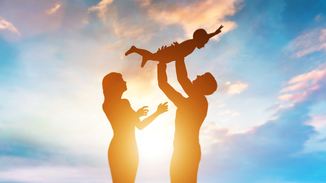 Happy family together outside at sunset, father lifting the baby up. Parenting. 3D illustration.