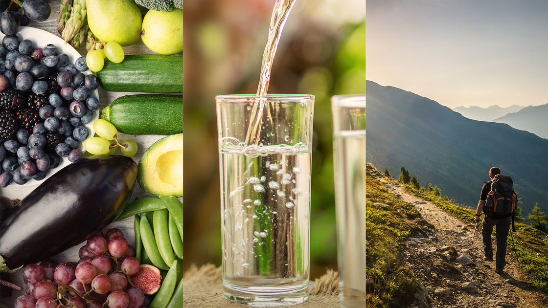 Healthy eating, assortment of fruits and vegetables in rainbow colours background, top view, selective focus