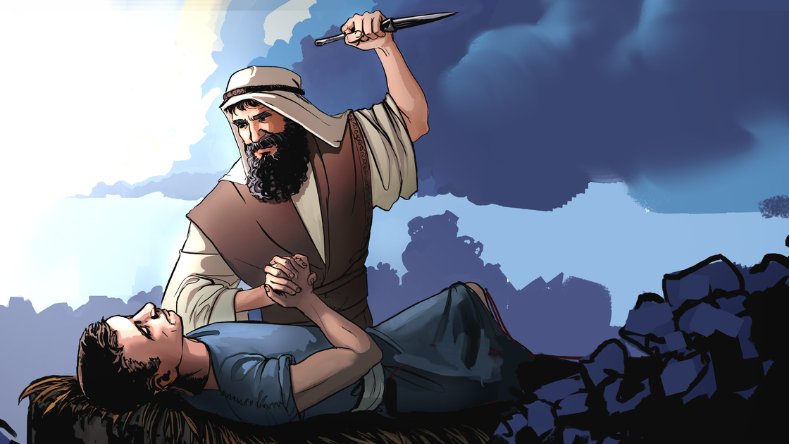 Abraham prepares to sacrifice Isaac.
