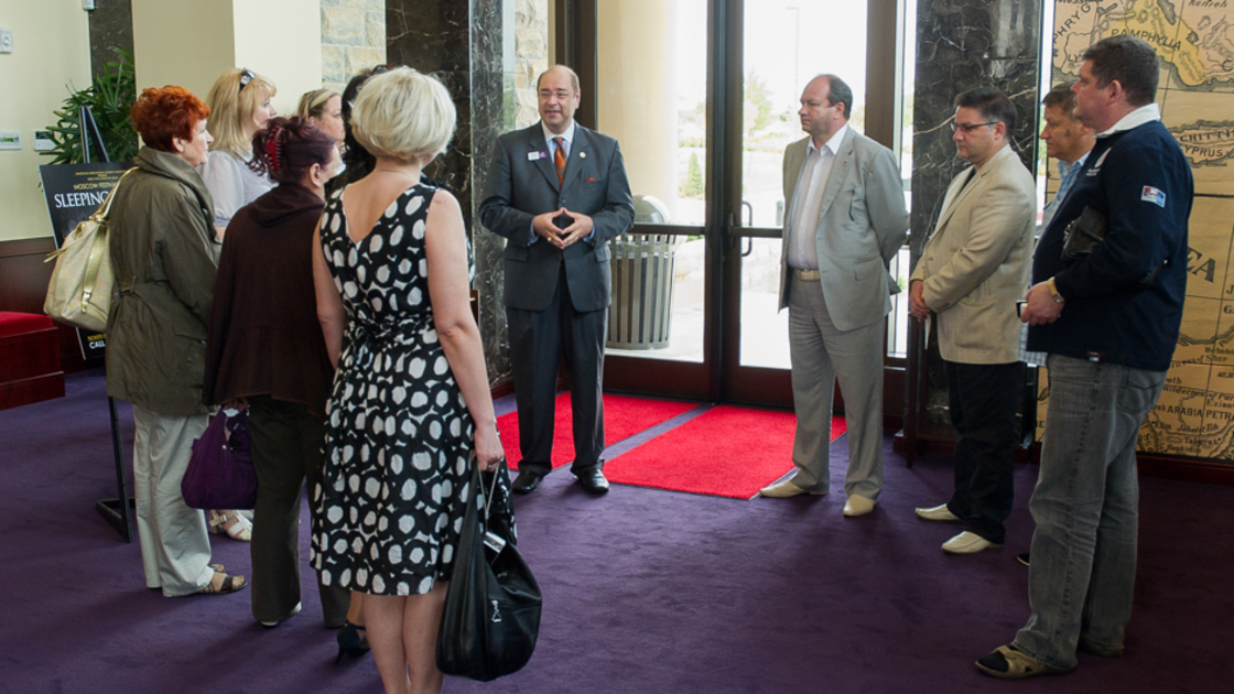 Public Relations director Shane Granger leads an archaeological tour at Armstrong Auditorium.