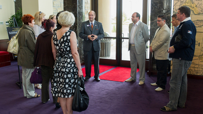 Public Relations director Shane Granger leads an archaeological tour at Armstrong Auditorium.