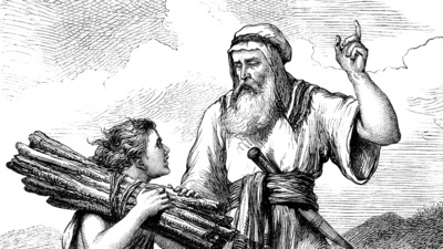 A scene from the Old Testament - Abraham and his son Isaac who is carrying the sticks for the 'burnt offering', or sacrifice, which Abraham had been asked by God to make of Isaac. Illustration from "The Children's Friend" Vol XIII, published by Seeley, Jackson & Halliday, S.W Partridge & Co. in 1873.