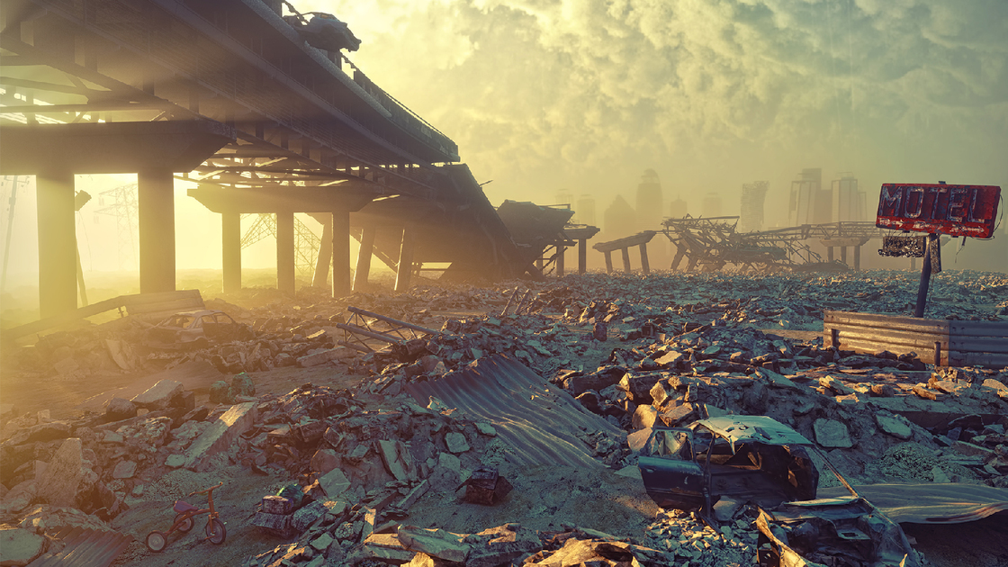 Ruins of a city. Apocalyptic landscape.3d illustration concept