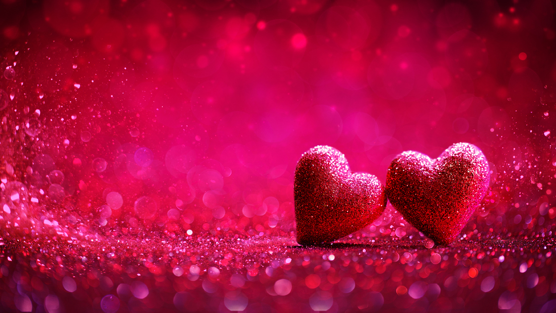 Two Glitter Hearts In Red Background - Valentine's Day Concept