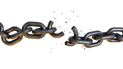 A rugged chain in the process of breaking. One of the links has shattered in two pieces, with fragments flying off. The chain is positioned on a pure white background.