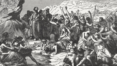 Moses strikes the rock at Horeb and makes water come out to quench the thirst of the Israelites (Exodus 17). Wood engraving, published in 1886.