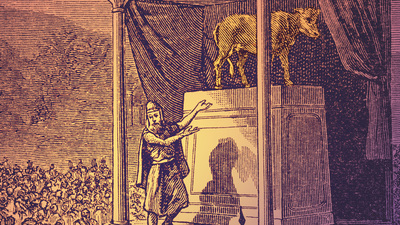 Engraving of "The Golden Calf at Bethel" published in "The Story of the Bible from Genesis to Revelation" Published by Charles Foster in 1883. The engraving is now in the public domain.