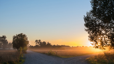 Concept of choice the correct way. Beautiful landscape with sunrise over crossroads spliting in two ways. Rural crossroads on sunset background