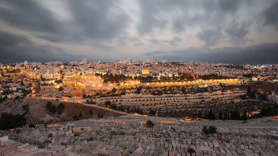 Jerusalem old city sunset night aerial view