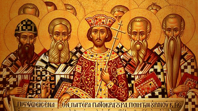 Icon depicting the Emperor Constantine and the bishops of the First Council of Nicaea.