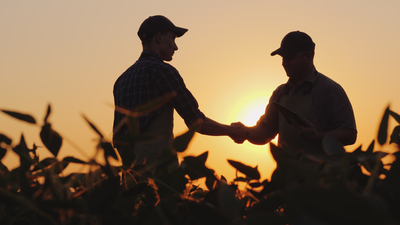 Two farmers talk on the field, then shake hands. Use a tablet. 4k video