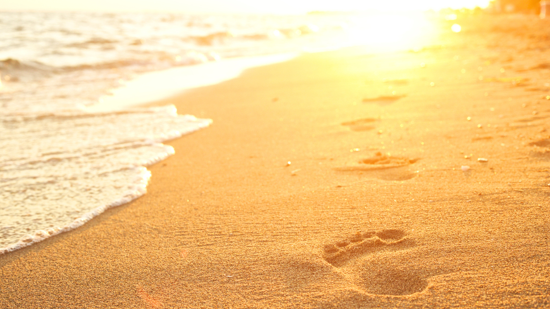 Footprints in the sand at sunset.