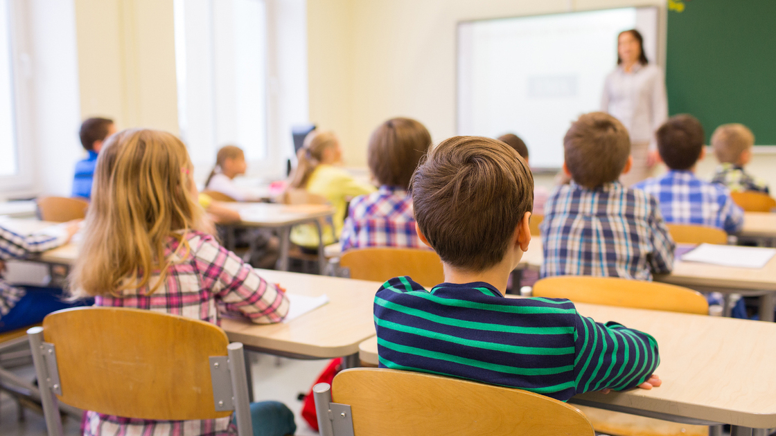 education, elementary school, learning and people concept - group of school kids sitting and listening to teacher in classroom from back